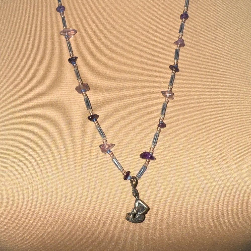 Beaded necklace, lavender and grey tones, 925 Sterling Silver charm water bearer